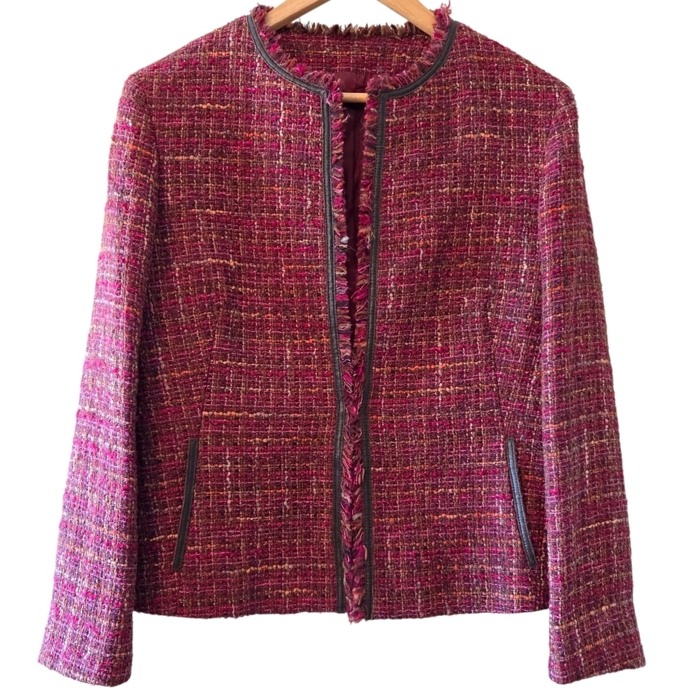 Lafayette 148 Blazer Women's Tweed Wool Collarless Fringe Trim Colorful Size 10